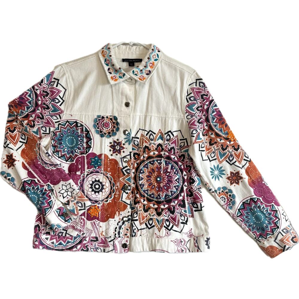 BOSTON PROPER White Denim Jacket Women's Sz L Colorful Designs Beads Embroidery